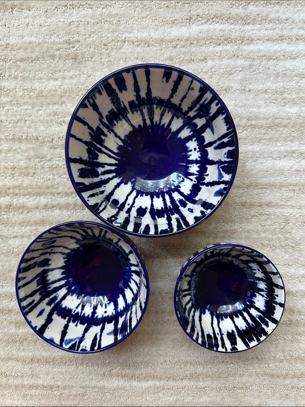 West Elm Indigo Tie Dye Small Nesting Bowls Set of 3 Prep Bowl Cobalt Blue White